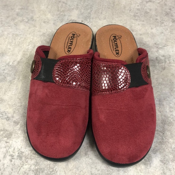 polyflex Shoes - Red Suede Mules with Open Back Design